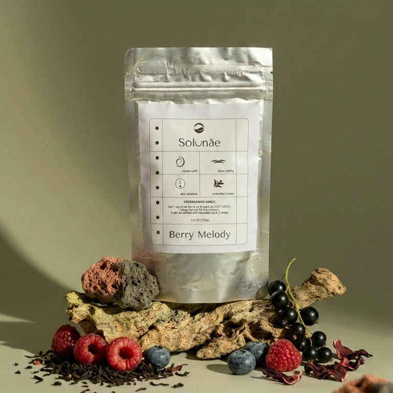 Silver packaging of Solitude Berry Melody with natural elements on a green background